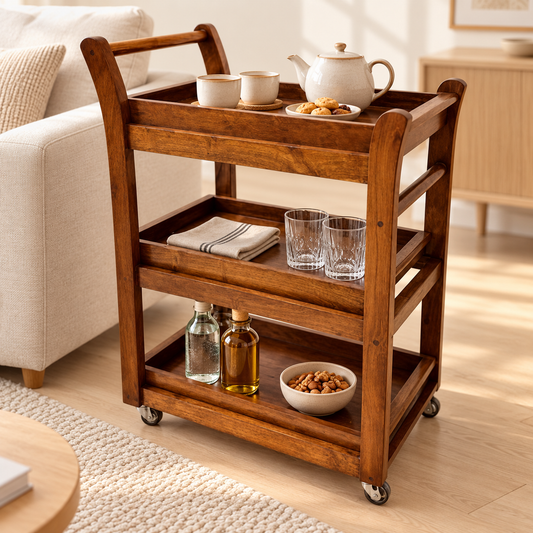Walnut-finish wooden bar trolley used for serving drinks