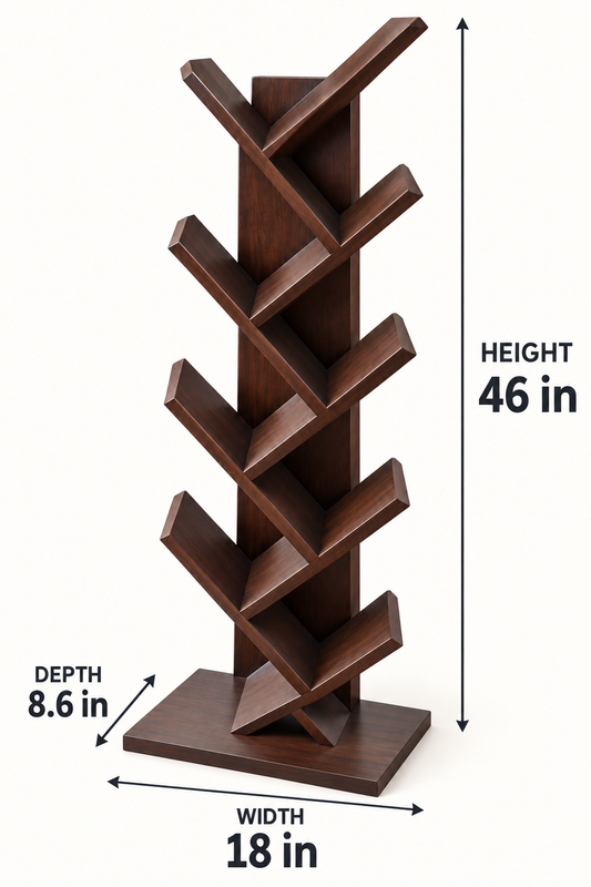Zigzag Wooden Bookshelf β dimension diagram; 18 in W Γ 8.6 in D Γ 46 in H