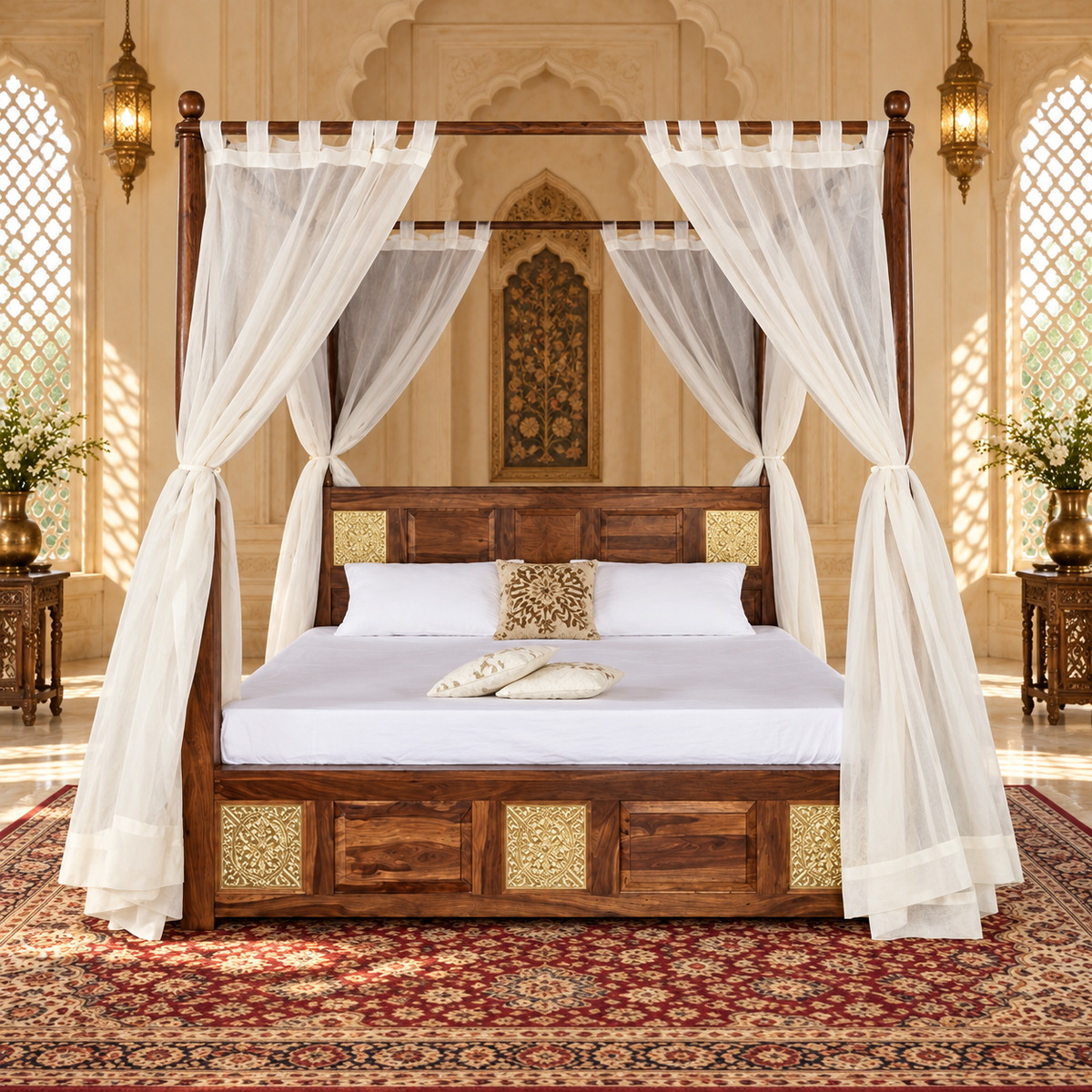 Four Poster Cane Storage Bed in a bedroom, front view