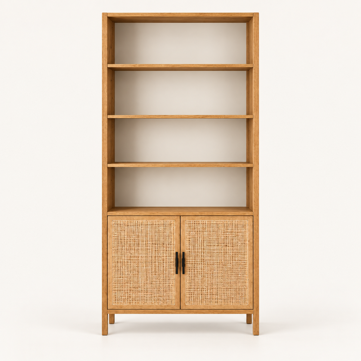 Cane Door Wooden Bookshelf in Honey Oak, detail close-up