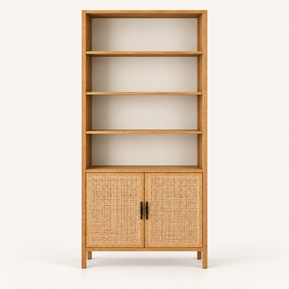 Cane Door Wooden Bookshelf in Honey Oak, detail close-up