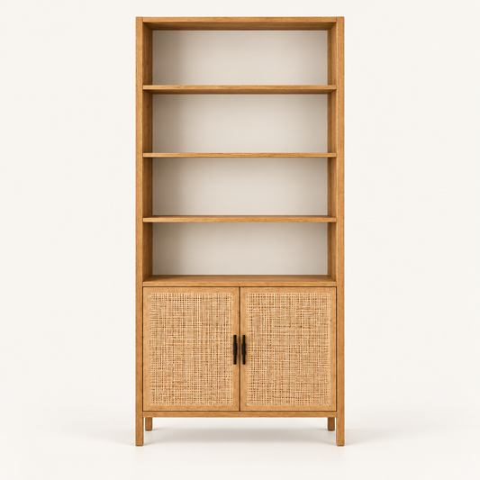 Cane Door Wooden Bookshelf in Honey Oak, detail close-up