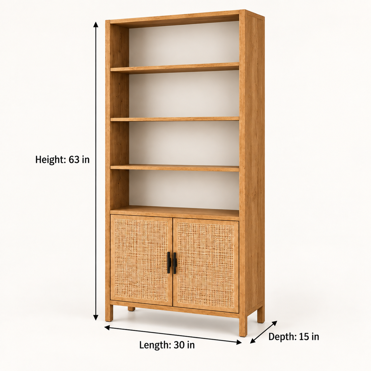 Cane Door Wooden Bookshelf in Honey Oak, dimensions view