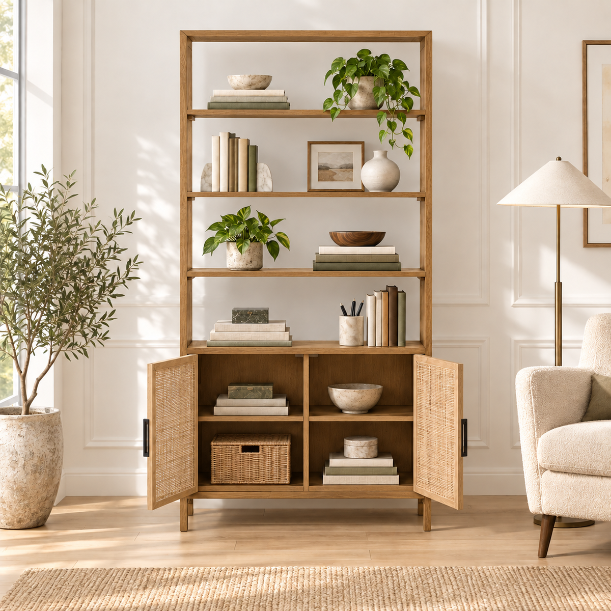 Cane Door Wooden Bookshelf in Honey Oak, living room lifestyle view