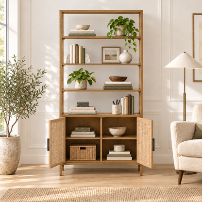 Cane Door Wooden Bookshelf in Honey Oak, living room lifestyle view