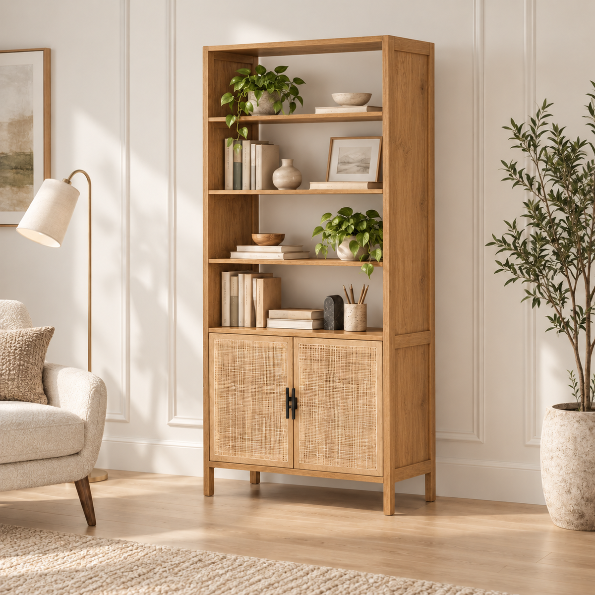 Cane Door Wooden Bookshelf in Honey Oak, clean studio view