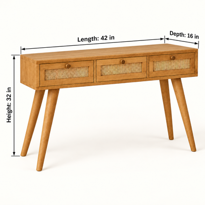 Cane Front Wooden Console Table in Honey Oak, dimensions view