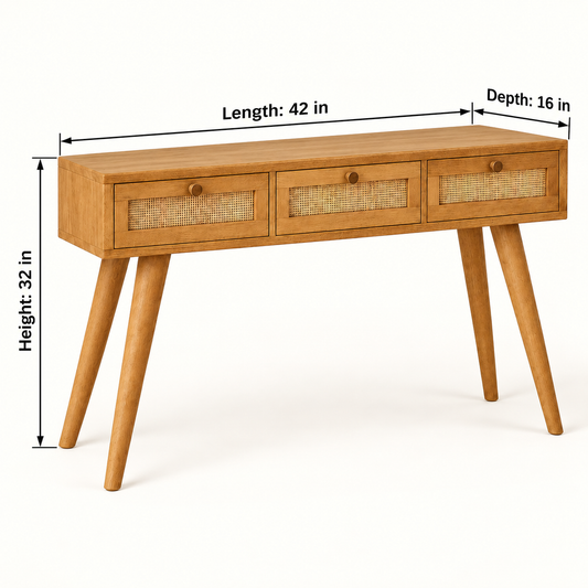 Cane Front Wooden Console Table in Honey Oak, dimensions view
