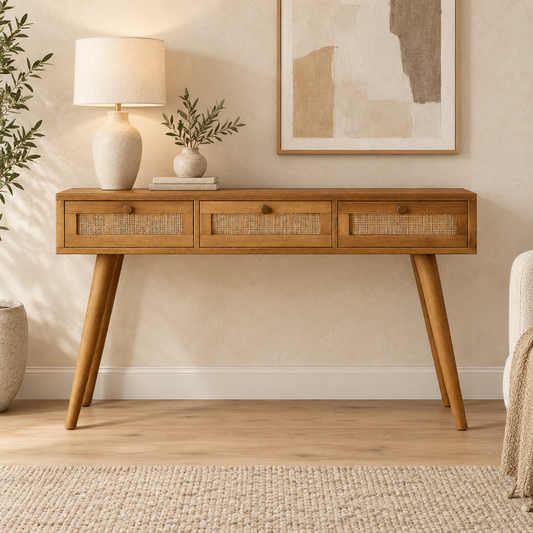 Cane Front Wooden Console Table in Honey Oak, living room lifestyle view