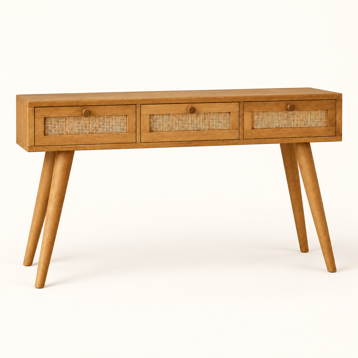 Cane Front Wooden Console Table in Honey Oak, clean studio view
