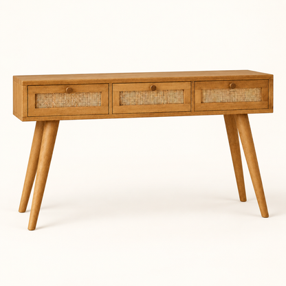Cane Front Wooden Console Table in Honey Oak, clean studio view
