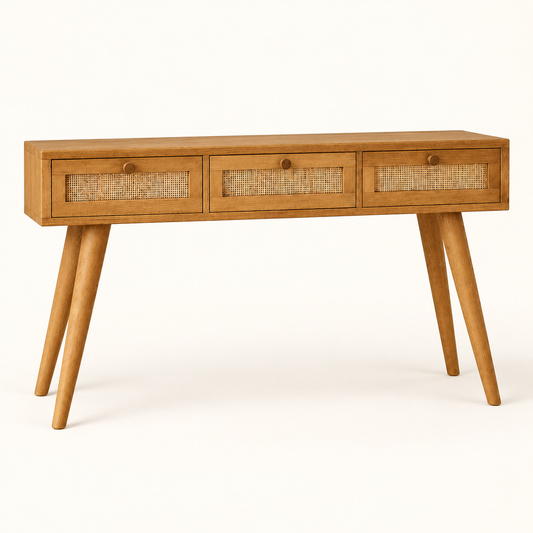 Cane Front Wooden Console Table in Honey Oak, clean studio view