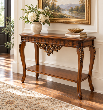 An ornate wooden console table with carved details and curved legs, styled in a bright living room with a vase of white flowers, books, and a decorative bowl on top.