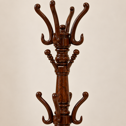Carved Wooden Coat Stand in Warm Brown, detail close-up