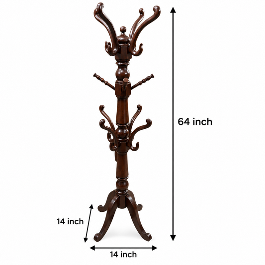 Carved Wooden Coat Stand in Warm Brown, dimensions view