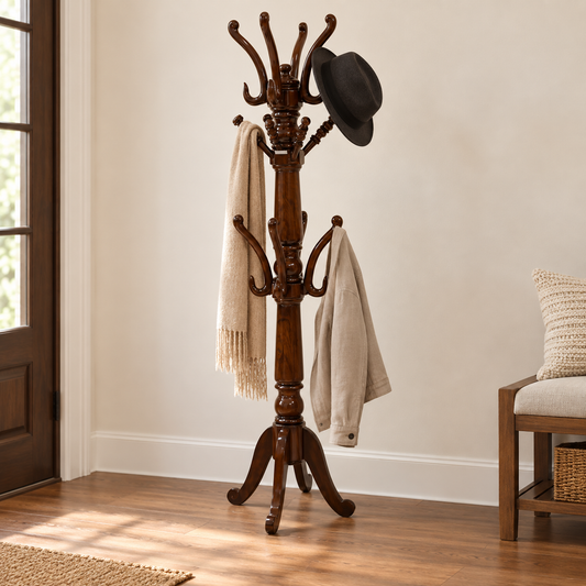 Carved Wooden Coat Stand in Warm Brown, living room lifestyle view