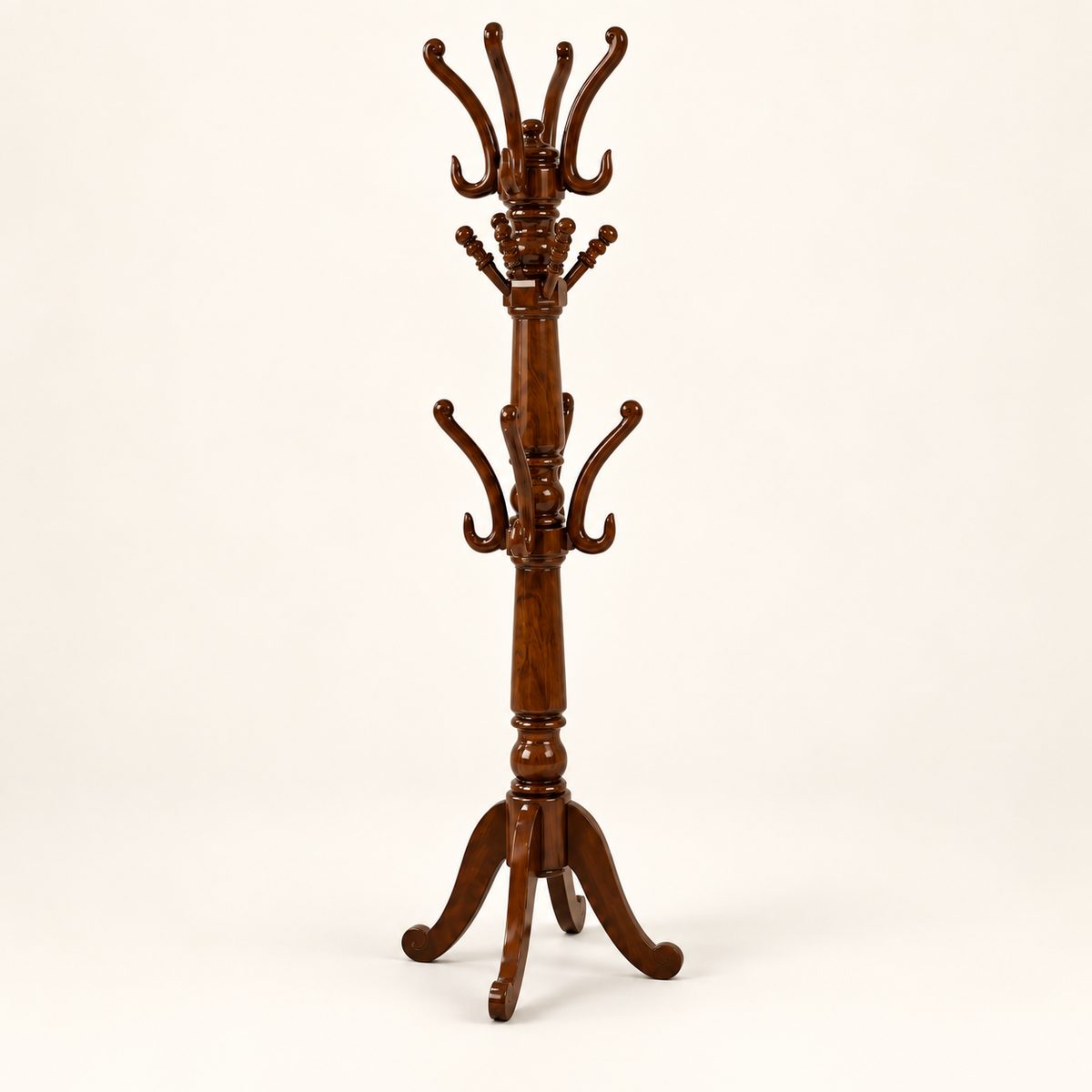 Carved Wooden Coat Stand in Warm Brown, clean studio view