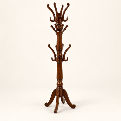 Carved Wooden Coat Stand in Warm Brown, clean studio view