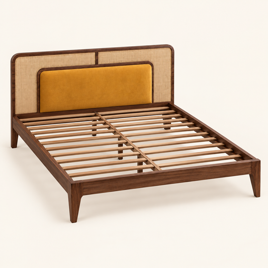 Solid Teak Wood Cane Bed with Upholstered Headboard – Latest Furniture