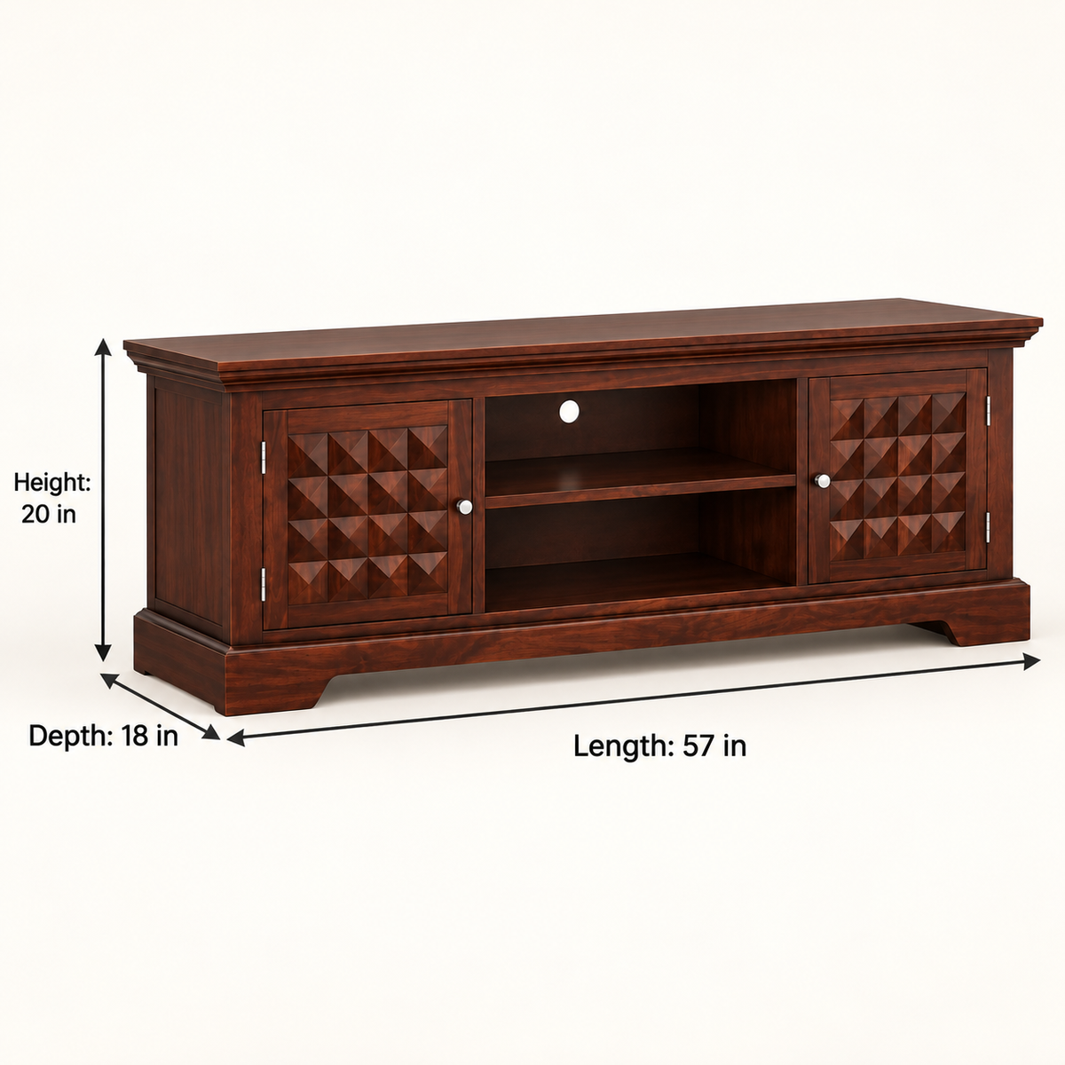 Geometric Carved Wooden TV Unit in Walnut, dimensions view