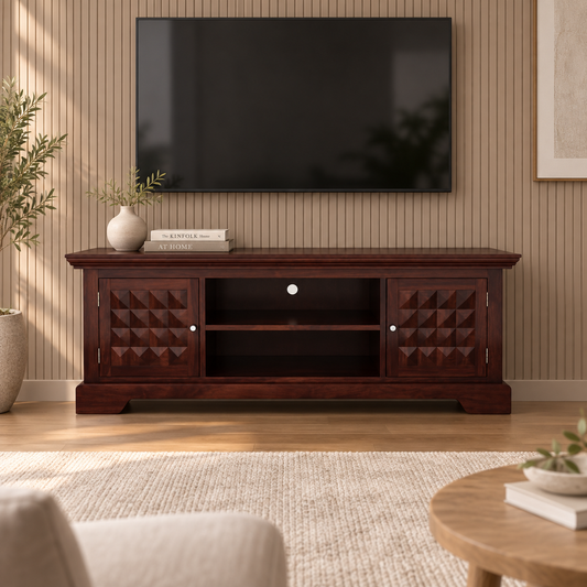 Geometric Carved Wooden TV Unit in Walnut, living room lifestyle view