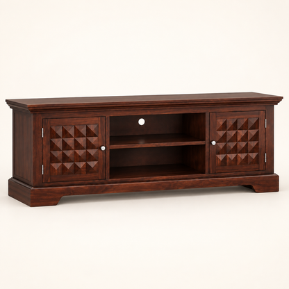 Geometric Carved Wooden TV Unit in Walnut, clean studio view