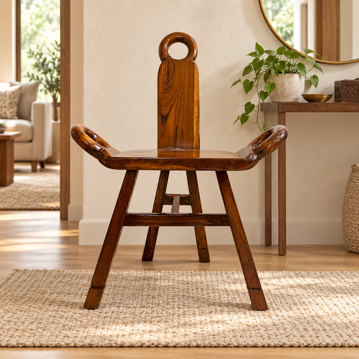 Loop-Back Wooden Accent Chair in Honey Brown, living room lifestyle view