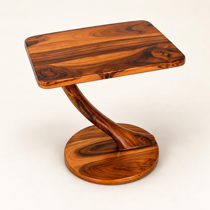 A modern side table with a rectangular top and a sculptural curved pedestal base, crafted from polished olive wood with dramatic dark and warm brown grain patterns, set against a plain off-white background.