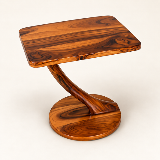 A modern side table with a rectangular top and a sculptural curved pedestal base, crafted from polished olive wood with dramatic dark and warm brown grain patterns, set against a plain off-white background.