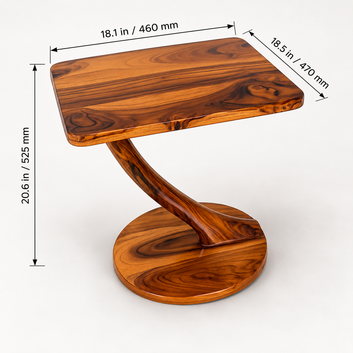 A wooden side table with a wavy pedestal base and round circular foot, shown on a light gray background with dimension lines and measurements for the tabletop and height.