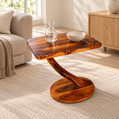 A square wooden side table with a wavy pedestal base and circular foot, shown in a bright living room. The table has a rich, polished reddish-brown wood grain.