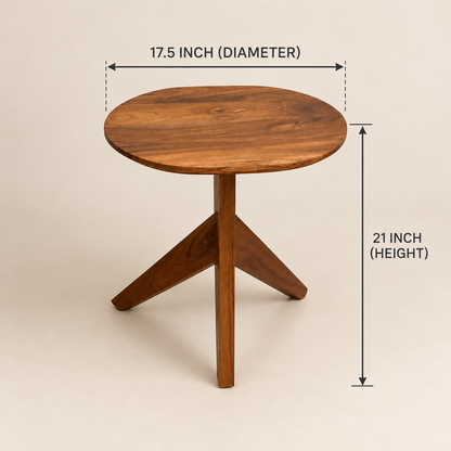 A round wooden side table with a three-legged tripod base.