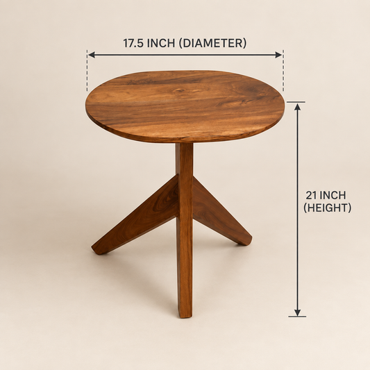 A round wooden side table with a three-legged tripod base.