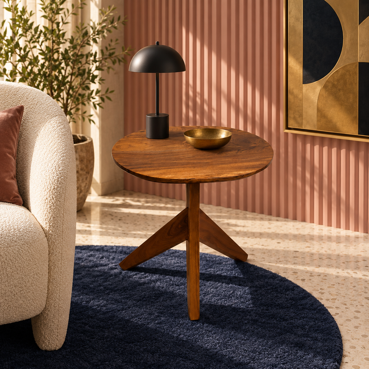 A round wooden side table with a three-legged tripod base, styled in a modern living room setting with a black dome lamp and a small gold bowl on top.