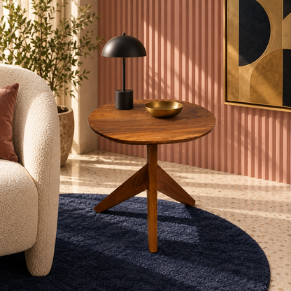 A round wooden side table with a three-legged tripod base, styled in a modern living room setting with a black dome lamp and a small gold bowl on top.
