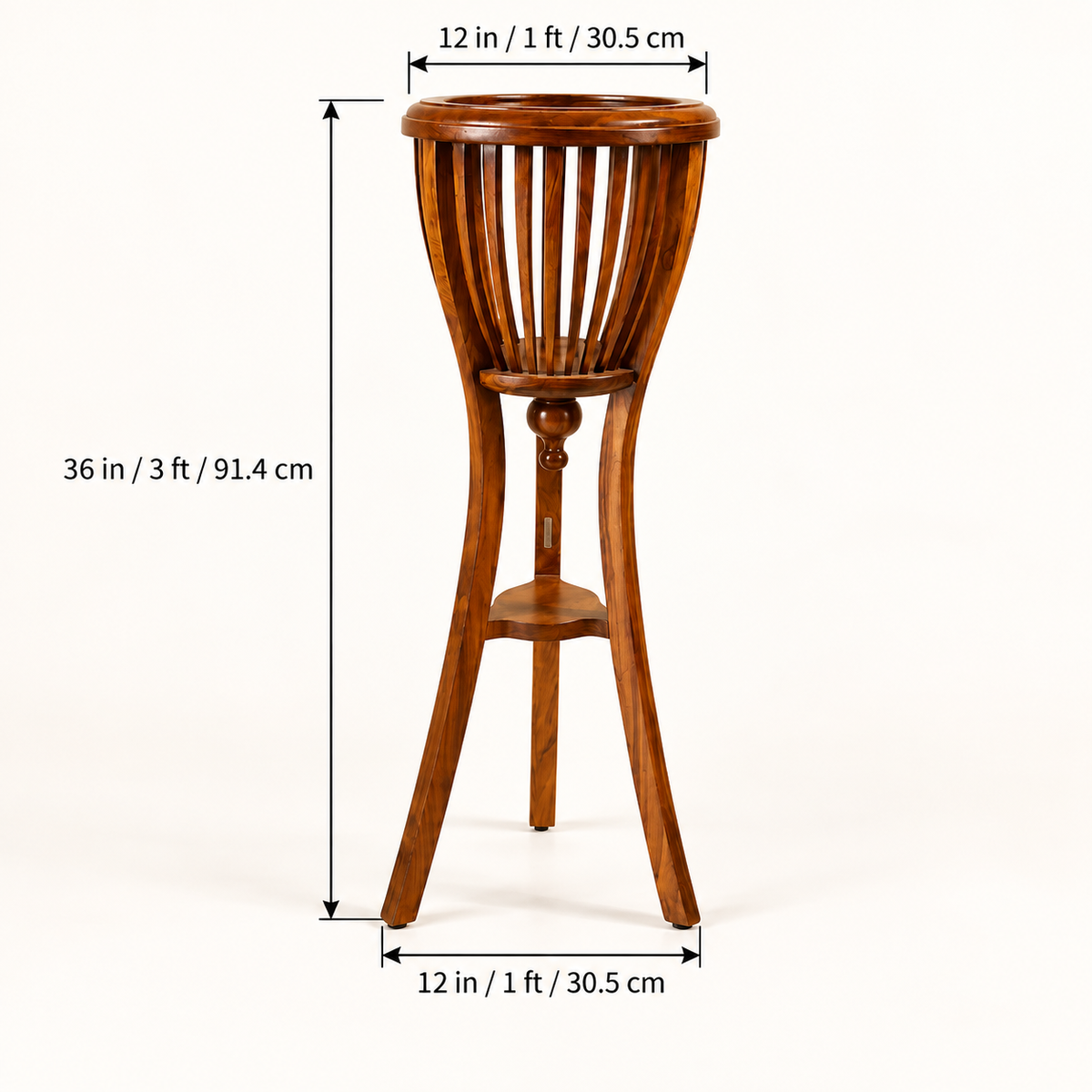 Slatted Wooden Plant Stand in Honey Brown, dimensions view