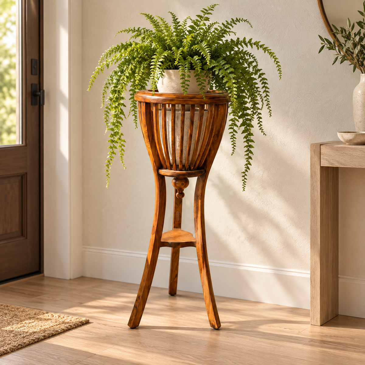Slatted Wooden Plant Stand in Honey Brown, living room lifestyle view