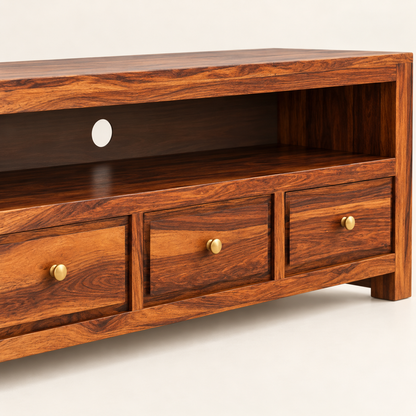 Three-Drawer Wooden TV Unit in Honey Oak, detail close-up