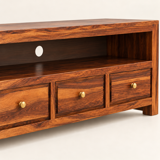 Three-Drawer Wooden TV Unit in Honey Oak, detail close-up