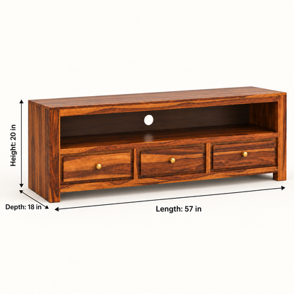 Three-Drawer Wooden TV Unit in Honey Oak, dimensions view