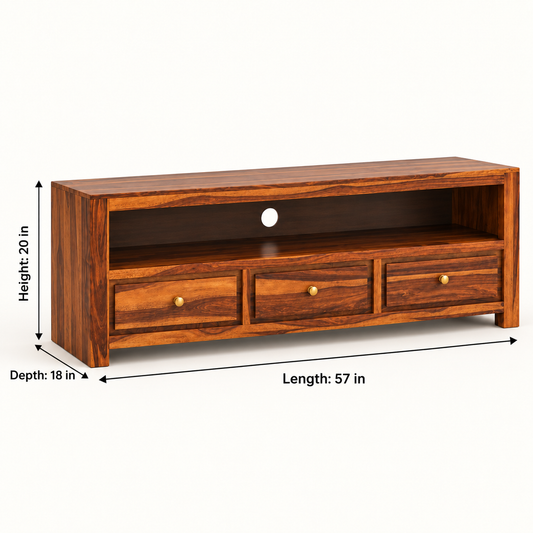 Three-Drawer Wooden TV Unit in Honey Oak, dimensions view