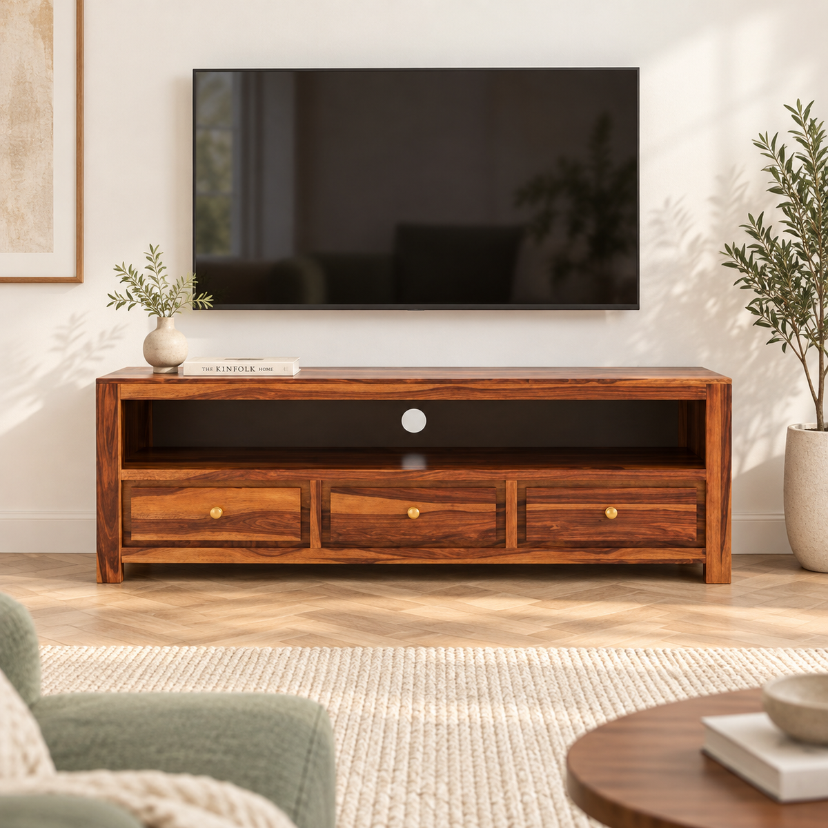 Three-Drawer Wooden TV Unit in Honey Oak, living room lifestyle view