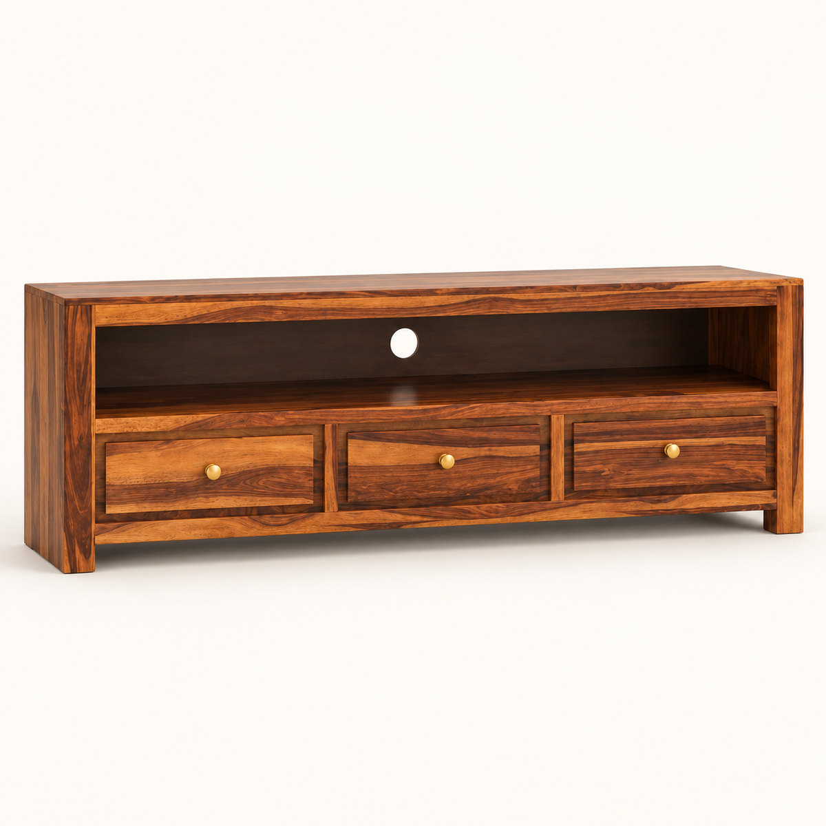 Three-Drawer Wooden TV Unit in Honey Oak, clean studio view