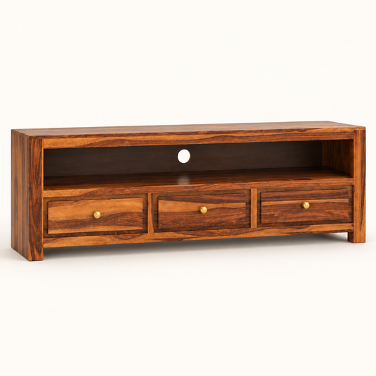 Three-Drawer Wooden TV Unit in Honey Oak, clean studio view