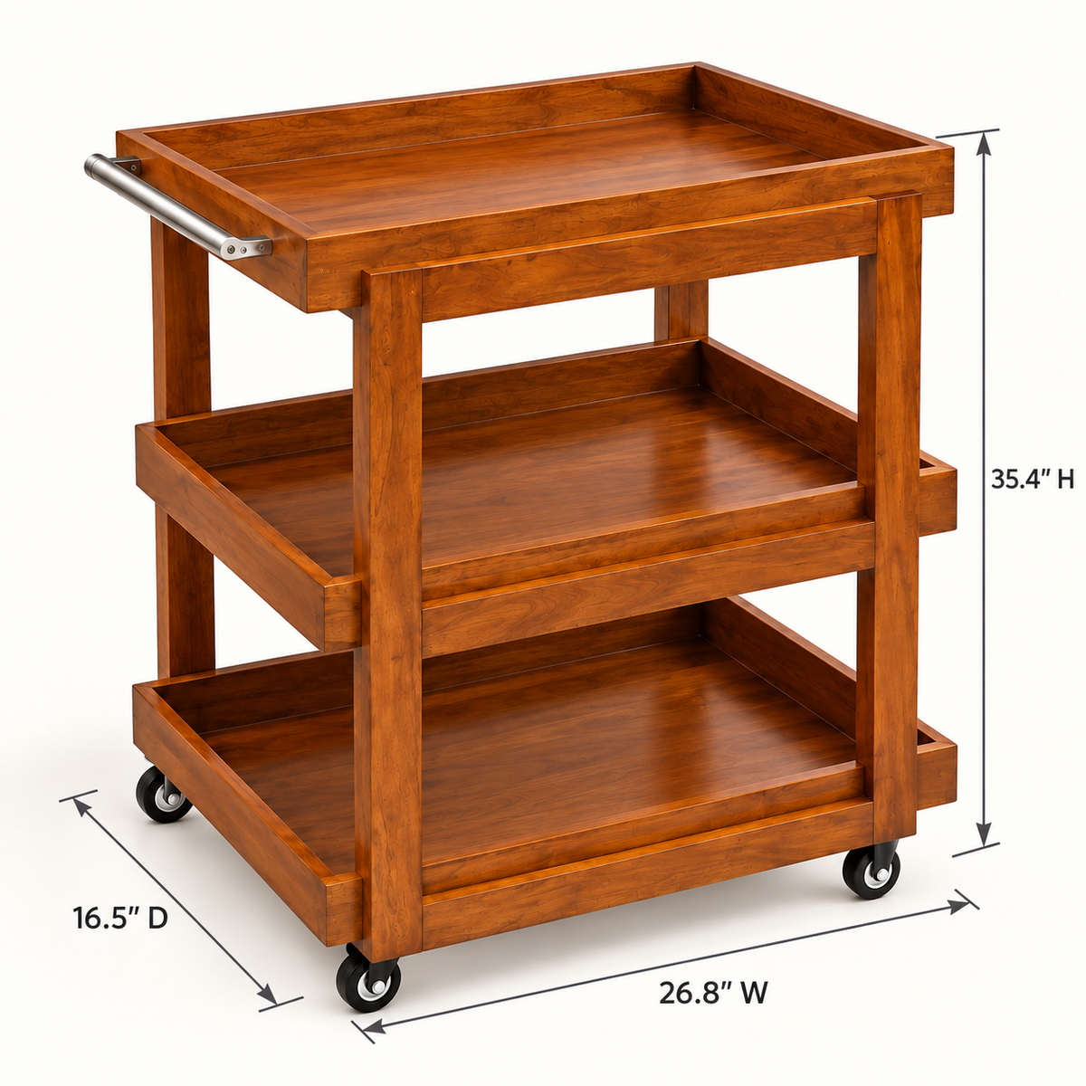 Three-Tier Wooden Serving Trolley in Warm Brown, dimensions view