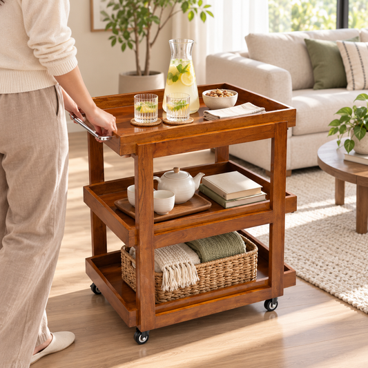 Three-Tier Wooden Serving Trolley in Warm Brown, living room lifestyle view
