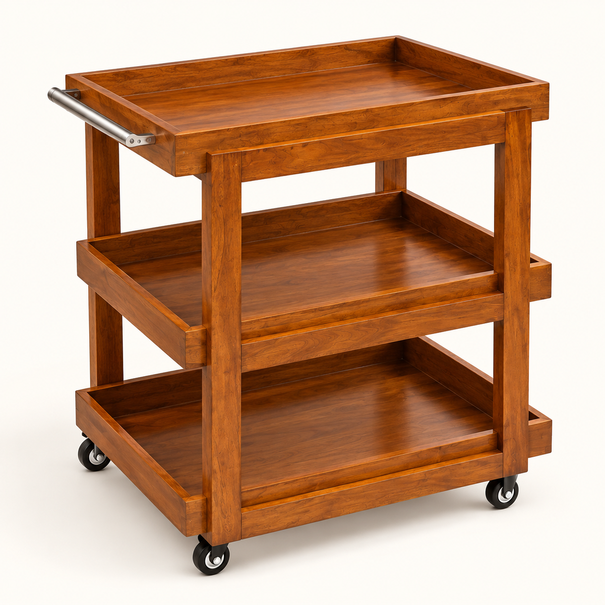 Three-Tier Wooden Serving Trolley in Warm Brown, clean studio view