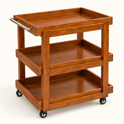 Three-Tier Wooden Serving Trolley in Warm Brown, clean studio view