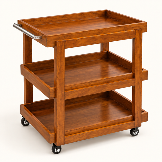 Three-Tier Wooden Serving Trolley in Warm Brown, clean studio view