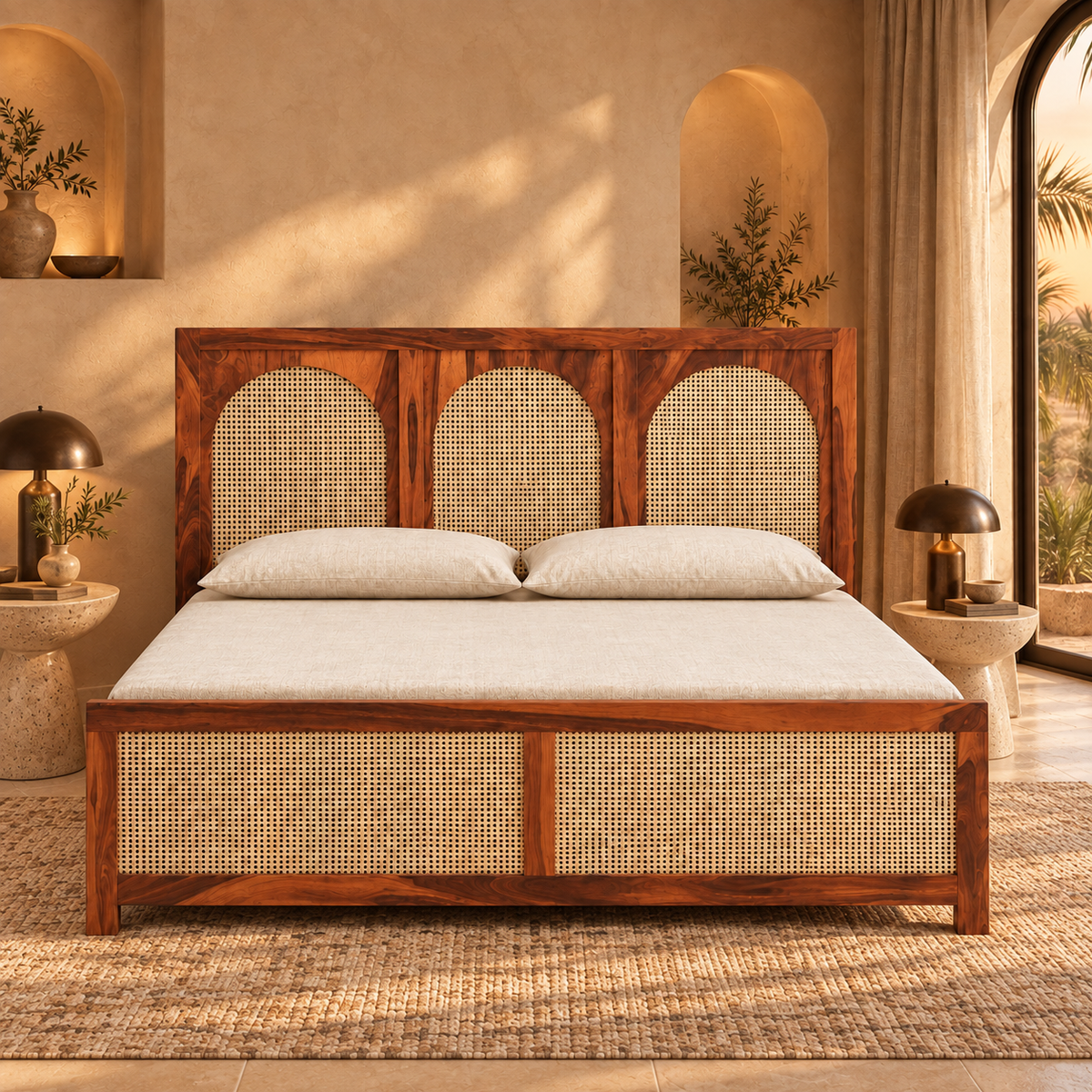 Arched Cane Headboard Storage Bed in a bedroom, front view